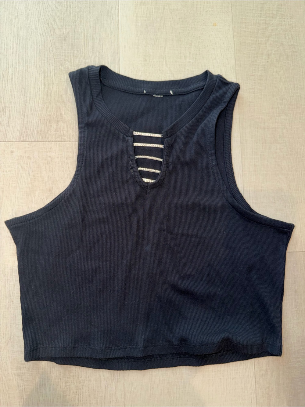 Ribbed Black Tank Top with Ladder Back Detail size L